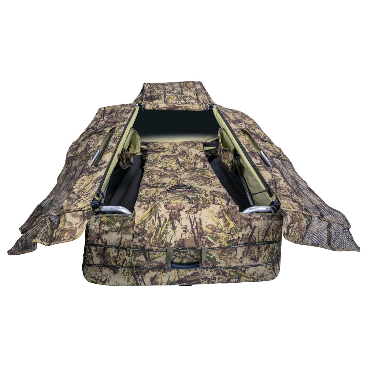Marsh camouflage hunting layout blind, open to reveal a built-in mat and extended mesh side flaps.
