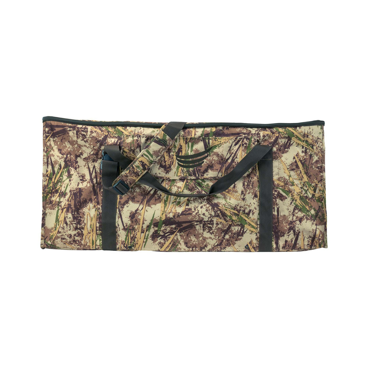 A soft hunting gear bag in reed camouflage with a zippered top, dark gray carrying handles, and an adjustable shoulder strap.