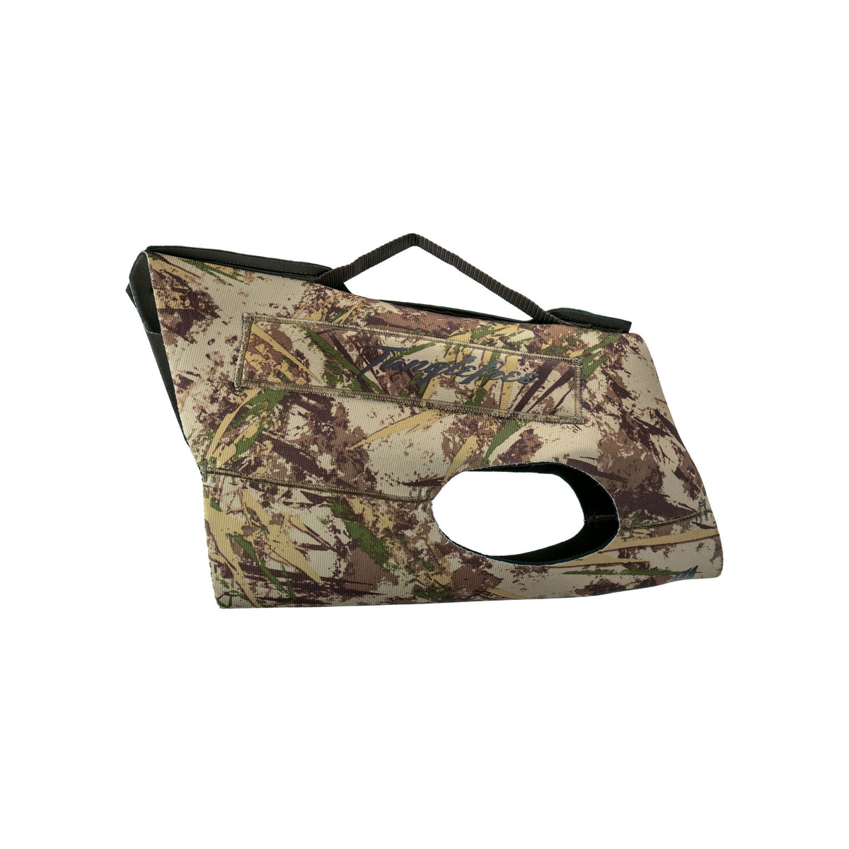 Camo protective dog vest with a grab handle and a leg opening.
