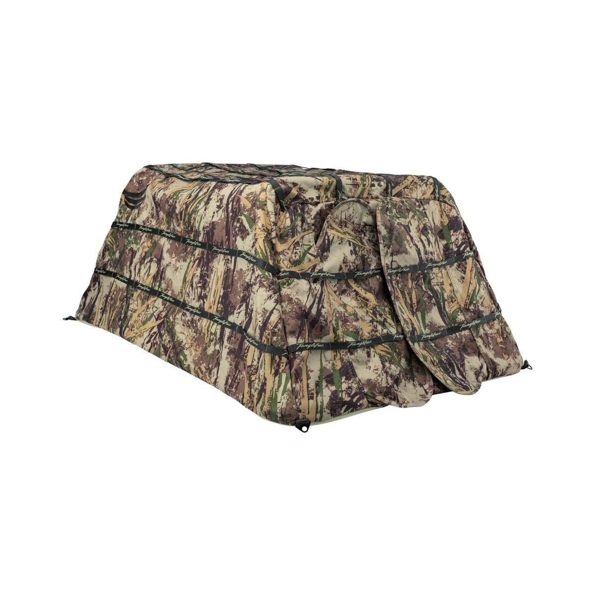 Camouflage hunting blind with a brown, green, and tan pattern, featuring horizontal straps labeled "Tanglefree".