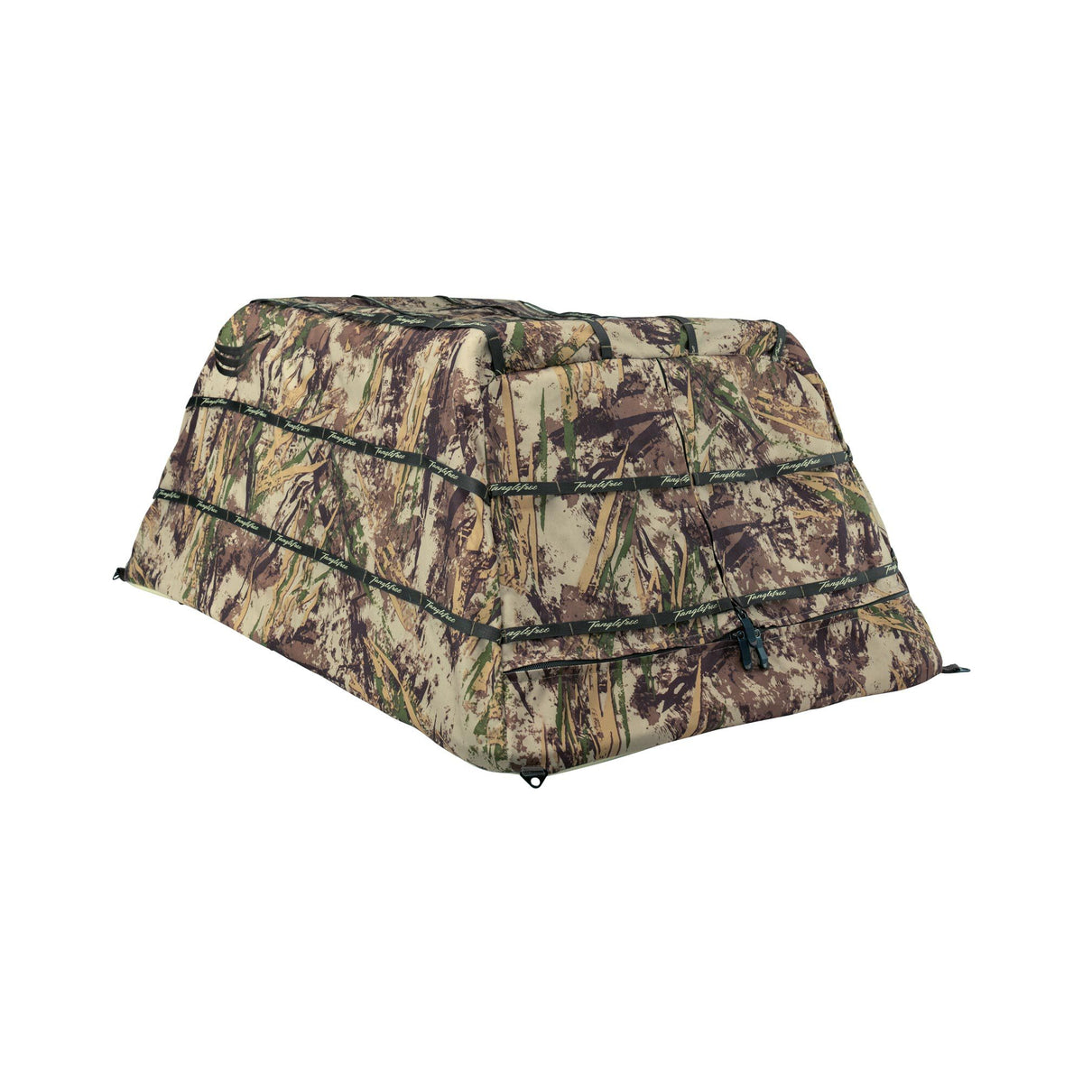 Reeds camouflage dog blind with black Tanglefree branded straps and visible zippers.