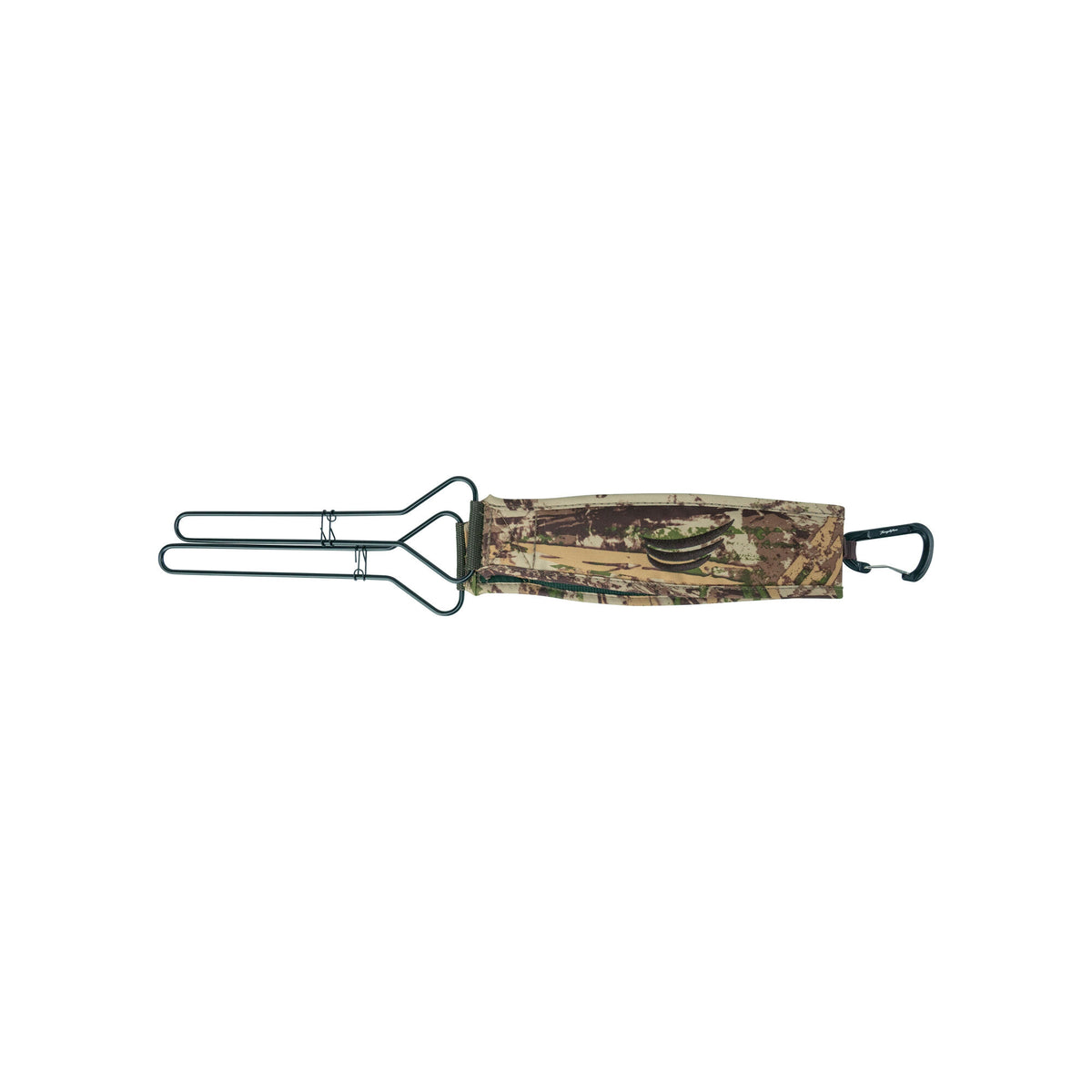 Camouflage call lanyard with black metal call holders and a black carabiner.