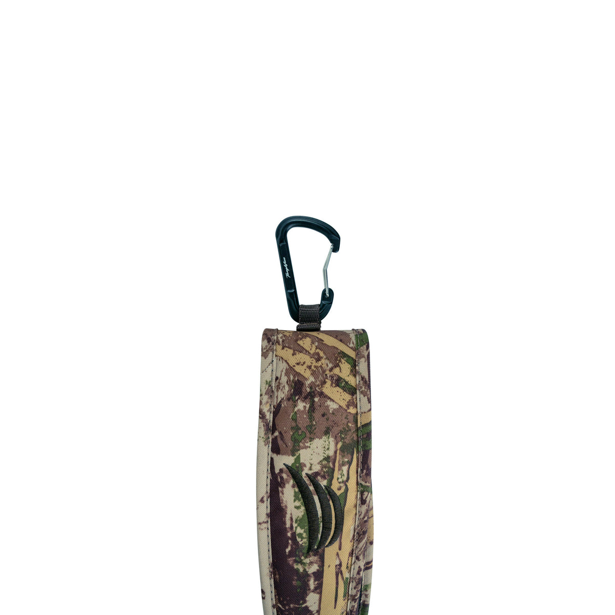 Camouflage game strap with a black carabiner and a black three-claw logo on the front.