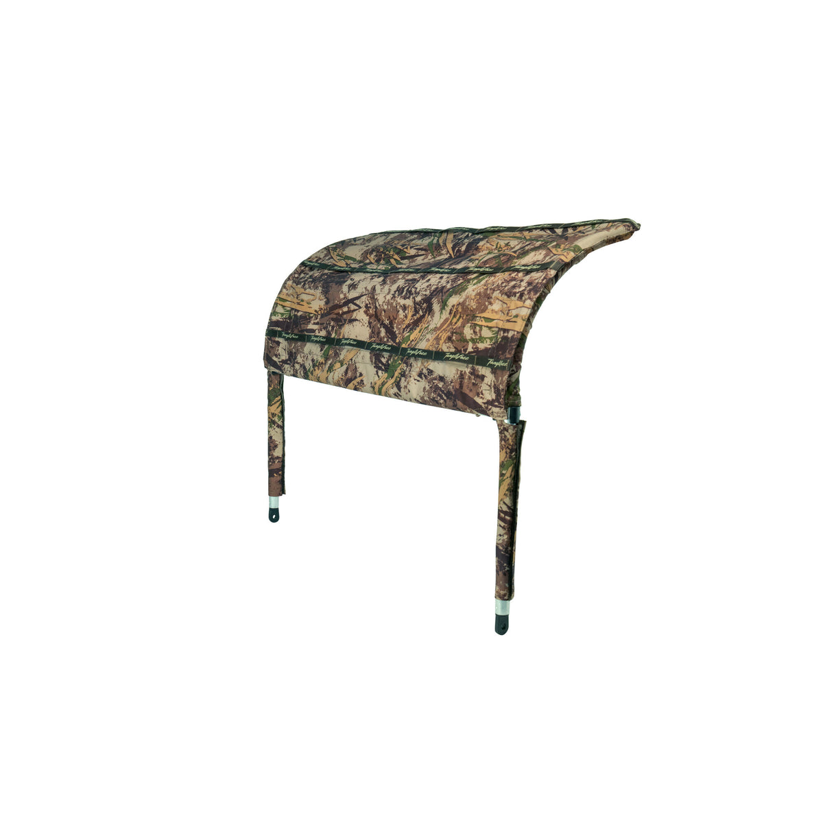 A curved camouflage hunting blind featuring "TangleFree" branding, supported by two fabric-covered poles with silver-tipped ends.