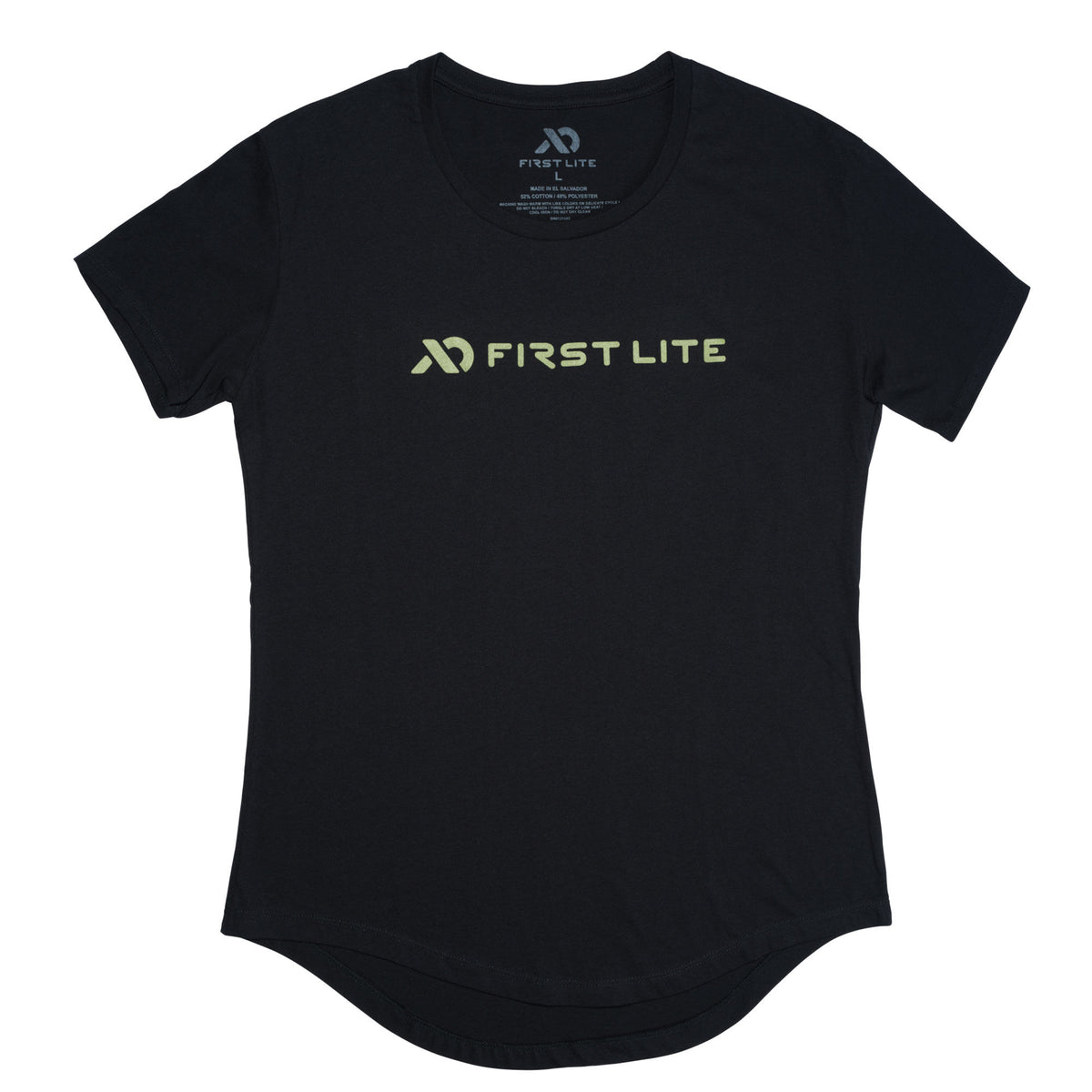 Black t-shirt with a light green "FIRST LITE" logo on the chest and a rounded drop-tail hem.