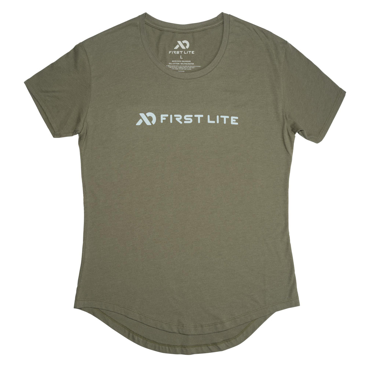 Olive green short-sleeve t-shirt with a white First Lite logo on the chest and a curved hem.