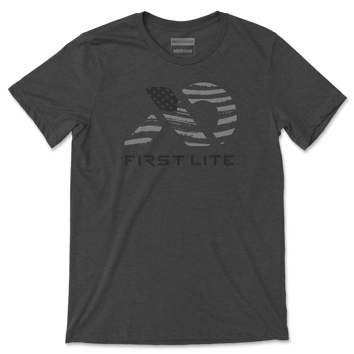 Dark heather grey t-shirt with a distressed grey logo featuring American flag stars and stripes, and 'FIRST LITE' text on the front.