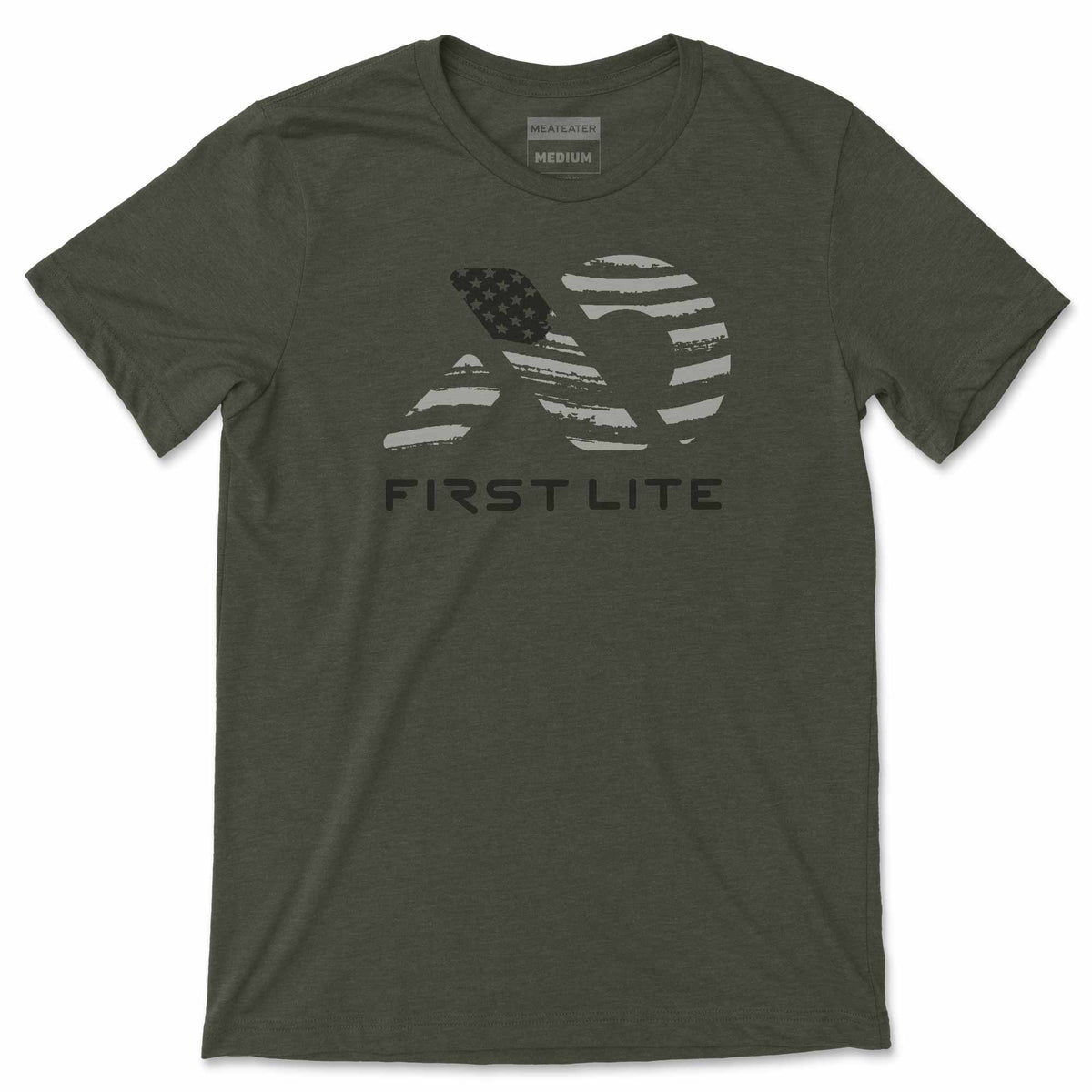 Dark olive green t-shirt featuring a distressed light gray mountain logo with an American flag design and "FIRST LITE" text below.
