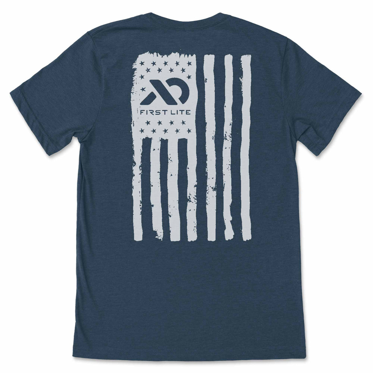 Dark blue short-sleeve t-shirt with a distressed white American flag graphic on the back, featuring the First Lite logo in the star field.