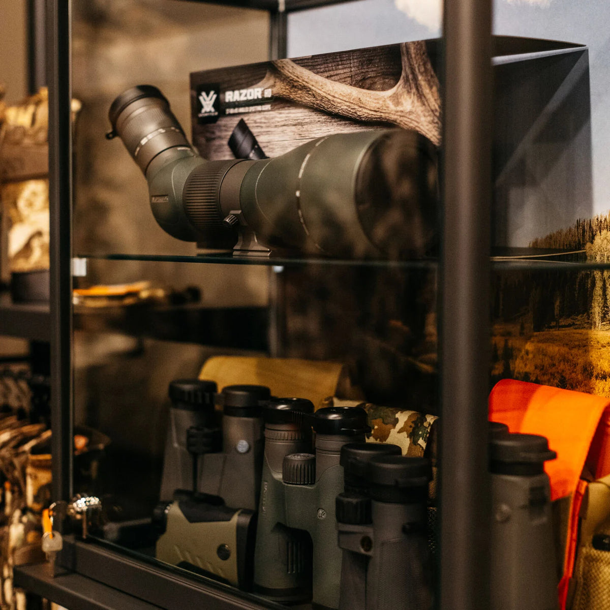 Vortex Razor HD olive green angled spotting scope in a display.