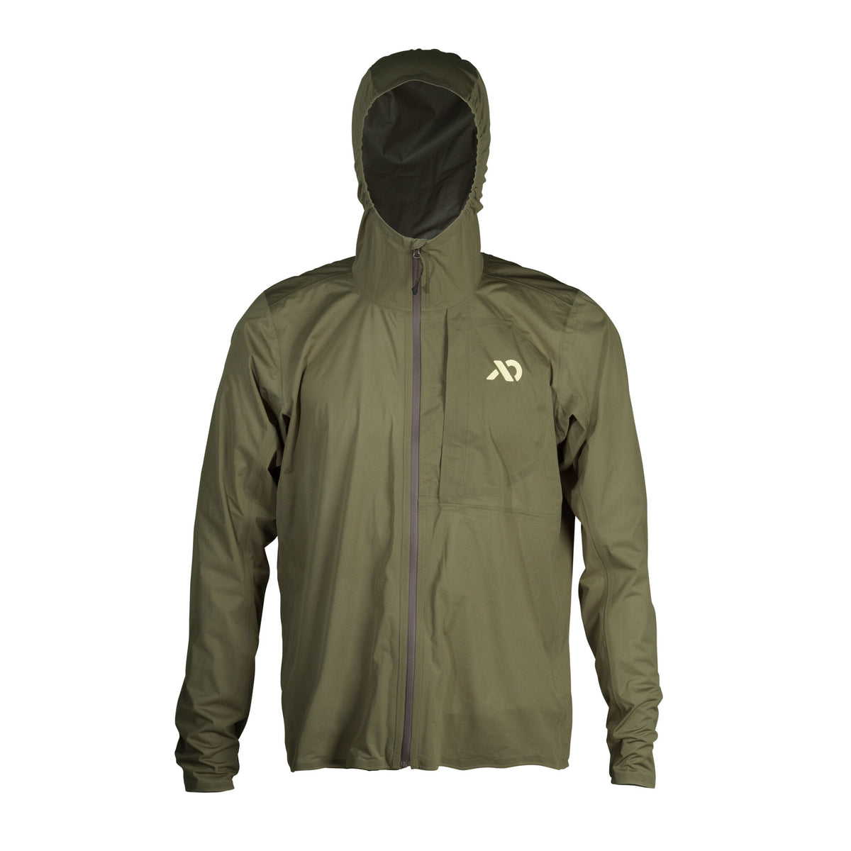Olive green hooded jacket with a dark brown full-zip closure and a light beige logo on the left chest.