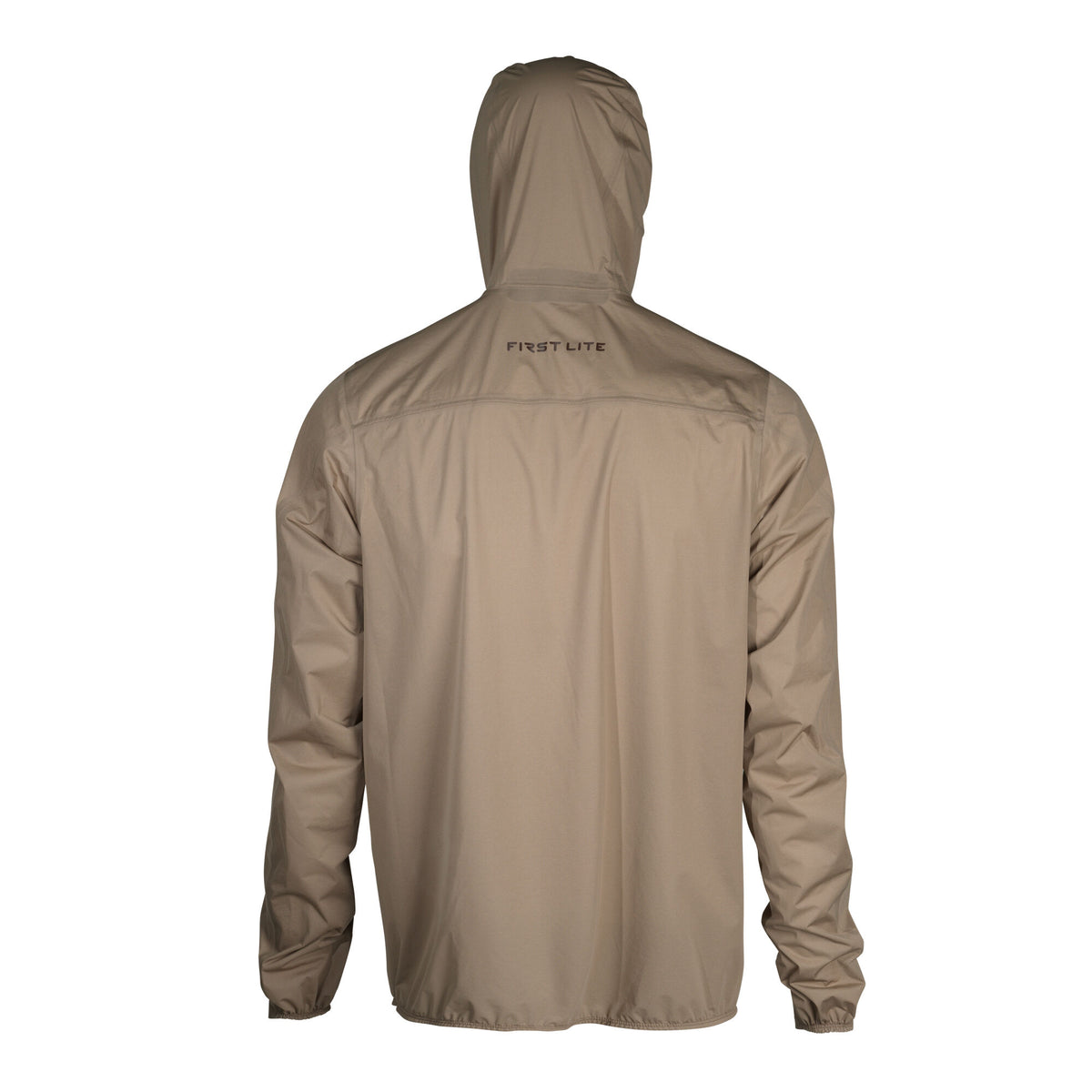Back view of a tan hooded jacket with a "FIRST LITE" logo on the upper back, elasticated cuffs, and hem.