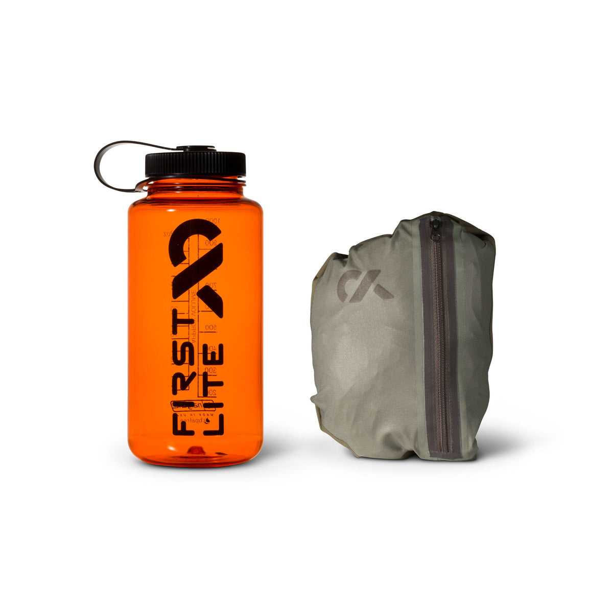 Orange First Lite Nalgene water bottle with a black cap, beside an olive green First Lite zippered pouch.