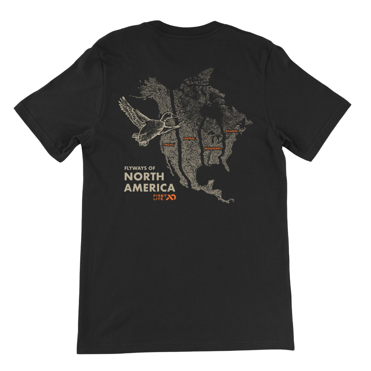 Black T-Shirt with a beige map of North and Central America and a duck, and text "FLYWAYS OF NORTH AMERICA" and "FIRST LITE" below.