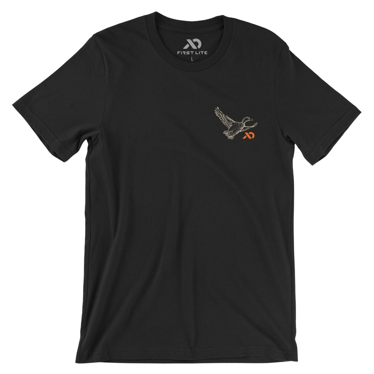 Black T-Shirt with an orange abstract logo on the left chest and a duck