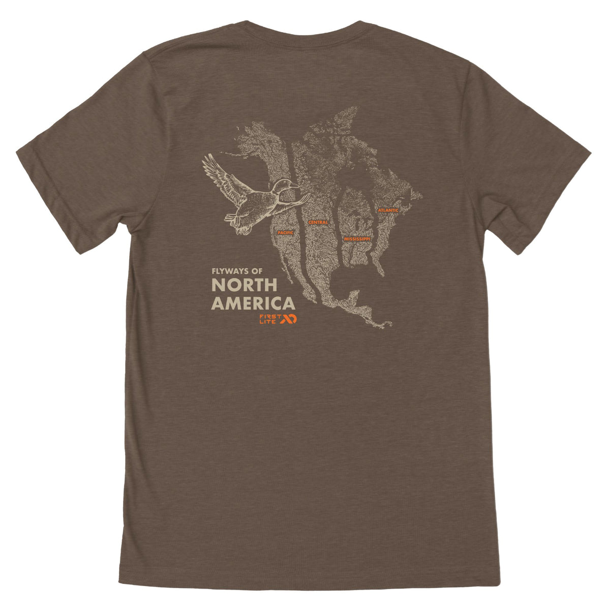 Brown T-Shirt with a beige map of North and Central America and a duck, and text "FLYWAYS OF NORTH AMERICA" and "FIRST LITE" below.