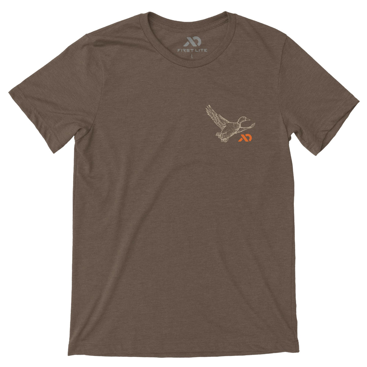 Brown T-Shirt with an orange abstract logo on the left chest and a duck