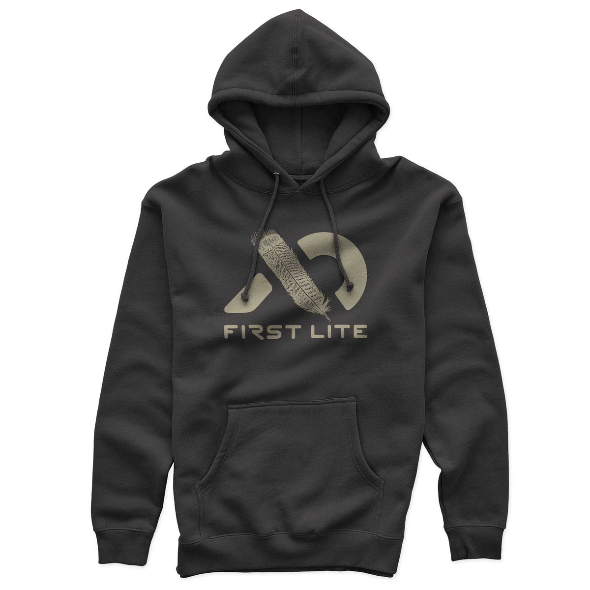 Charcoal hoodie with tan First Lite feather logo, drawstring hood, and kangaroo pocket.
