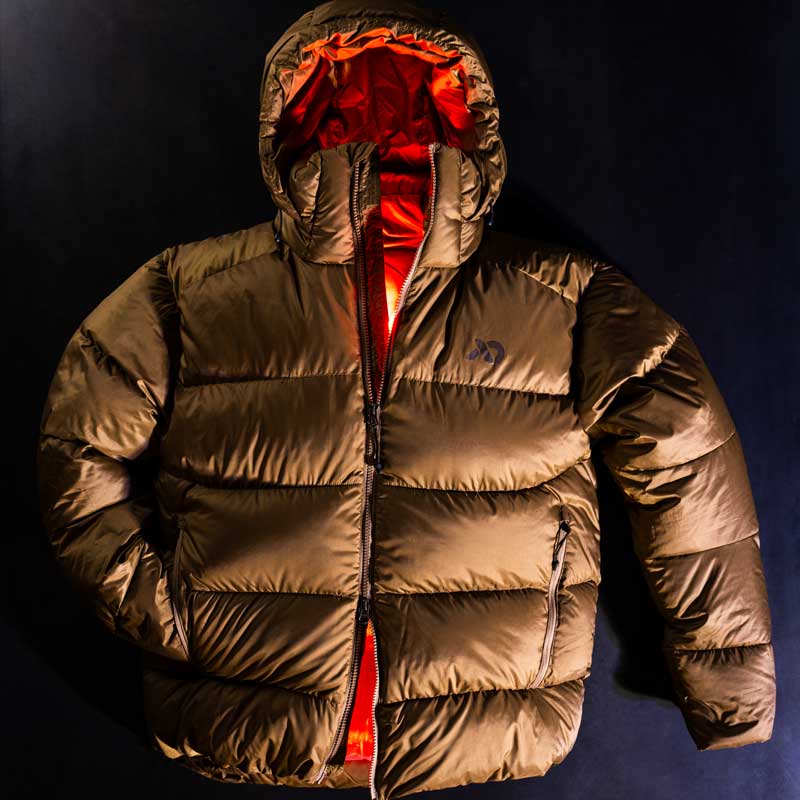 A shiny brown puffer jacket with a bright orange-red illuminated hood, body, and zipper opening, shown against a dark background.