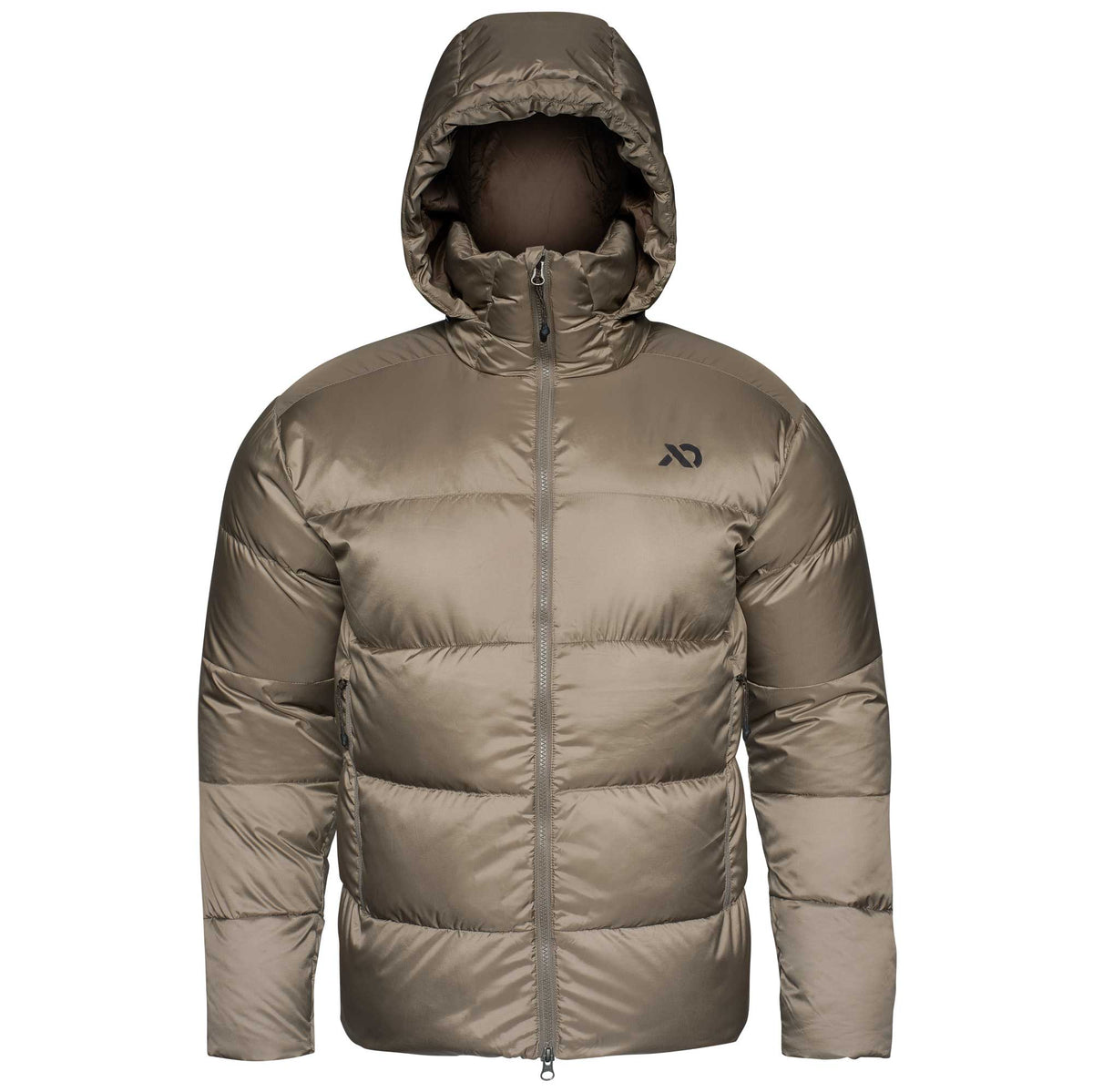 A hooded puffer jacket in a taupe-brown color, featuring horizontal quilting, a full-length front zipper, and a small black logo on the left chest, displayed on a mannequin against a plain white background.