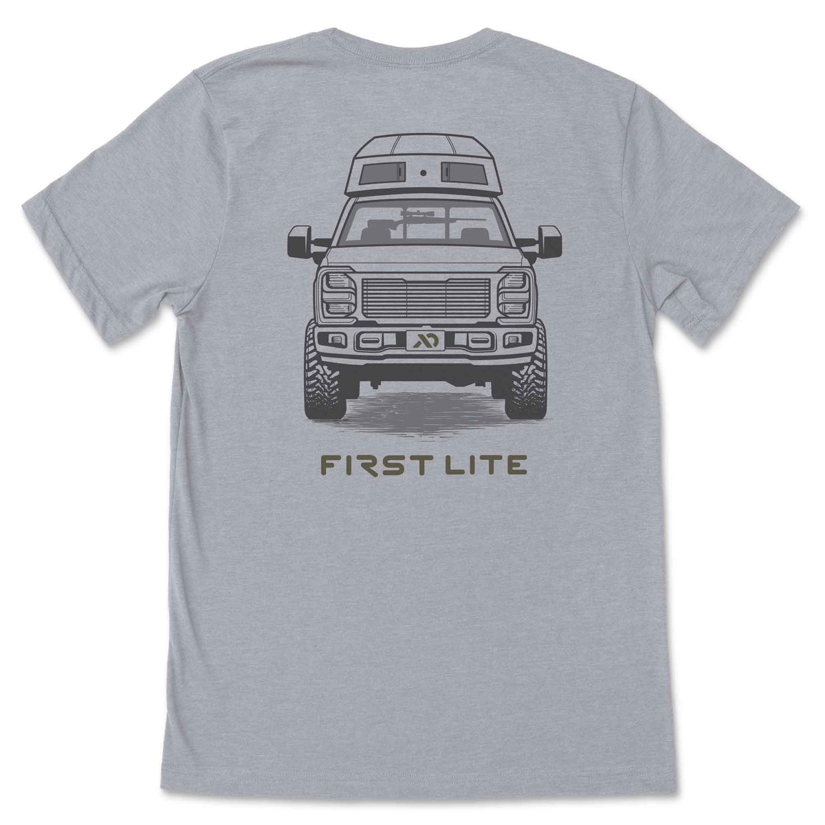 Light grey t-shirt with a back graphic of a lifted pickup truck, rooftop tent, a rifle, and "FIRST LITE" text.
