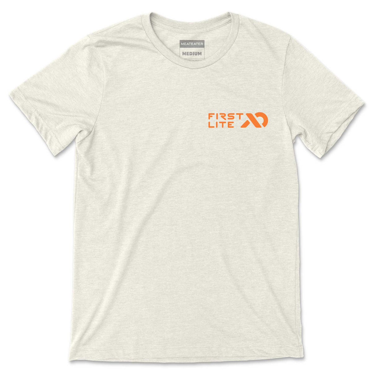 Light heathered t-shirt with orange First Lite logo on the left chest and Meateater Medium neck tag.
