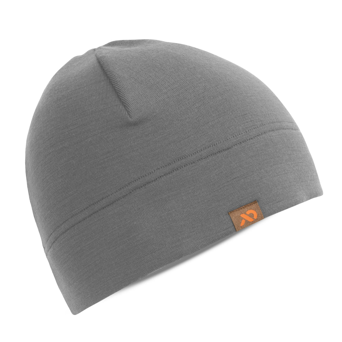 Dark gray knit beanie with a stitched band and a brown tag featuring an orange logo.
