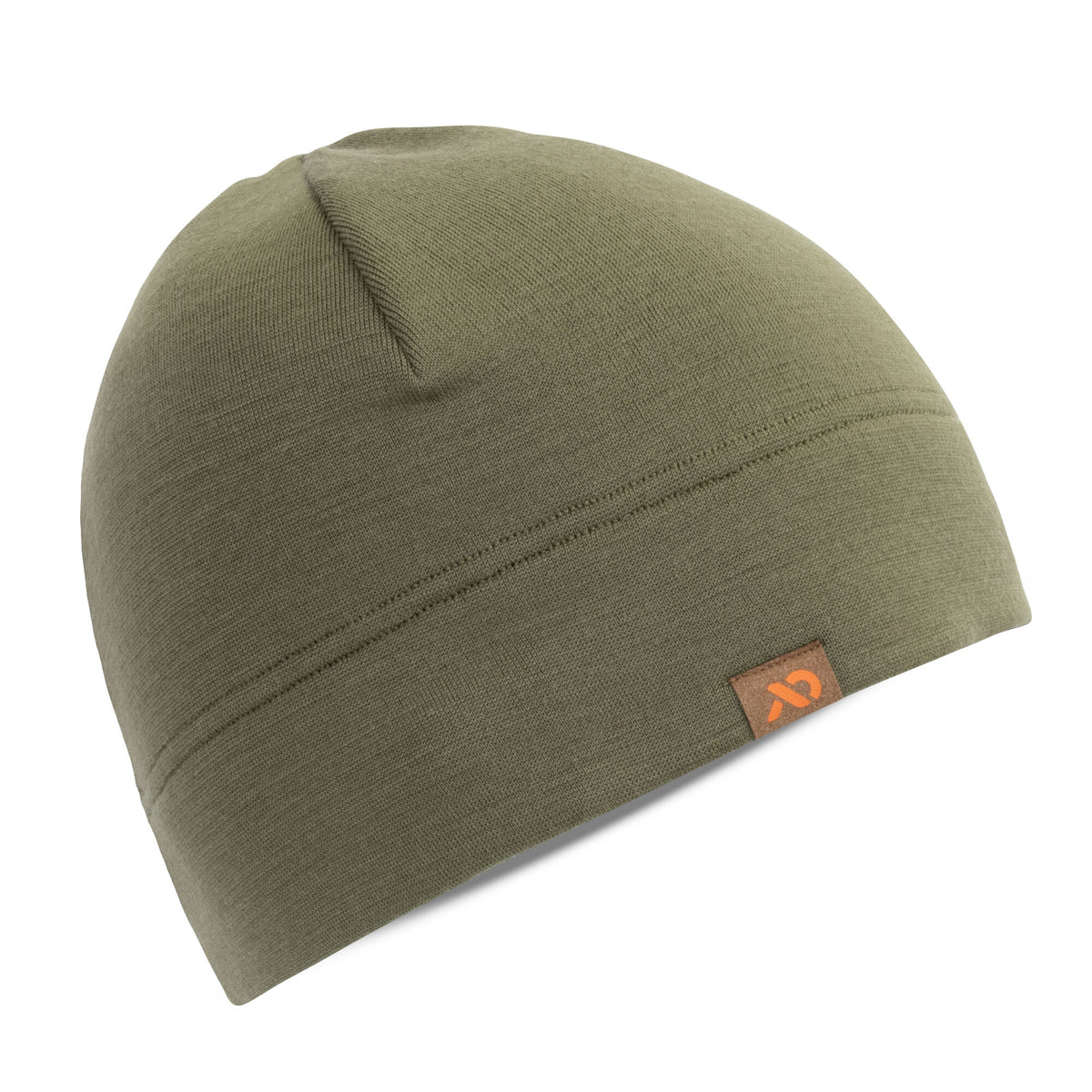 Olive green knitted beanie featuring a folded brim with horizontal stitching and a small brown rectangular label with an orange logo.