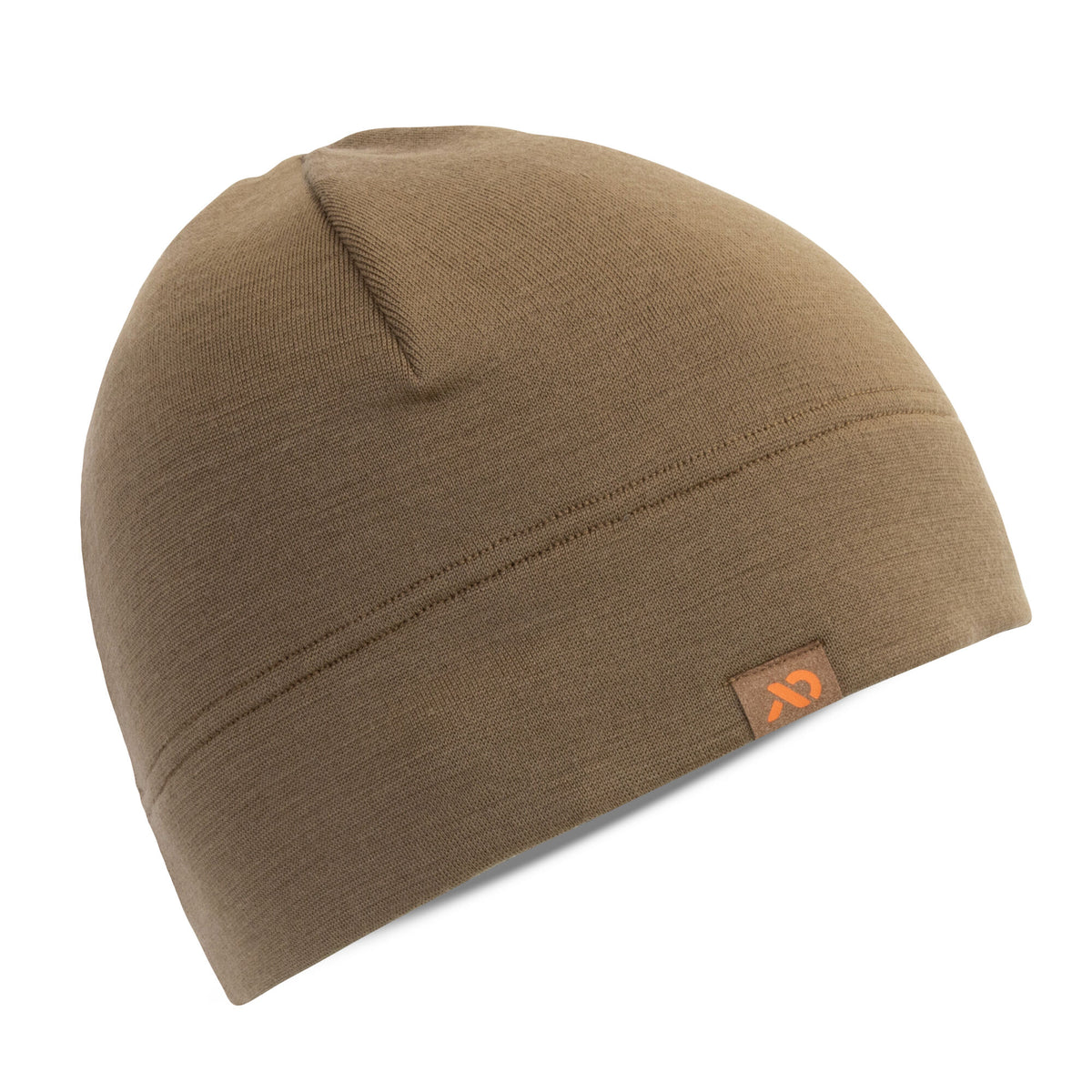Coyote tan knit beanie with visible stitching details and a small tan logo patch featuring an orange mark.