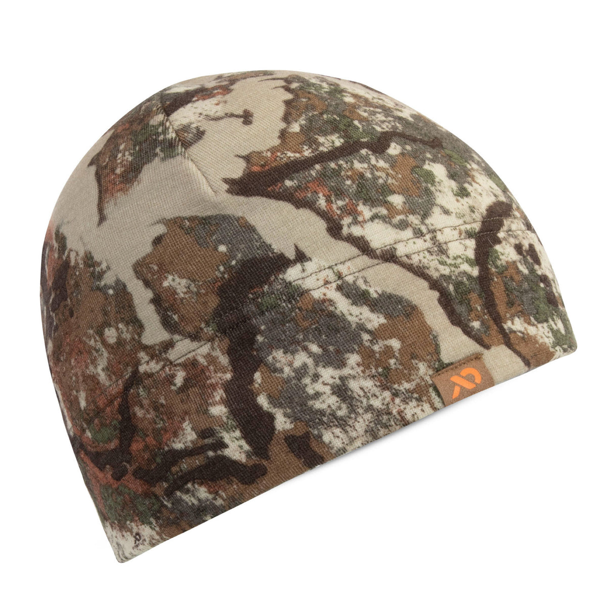 Camouflage beanie with a mottled tan, brown, green, and rust pattern, featuring a small orange logo tag on the brim.