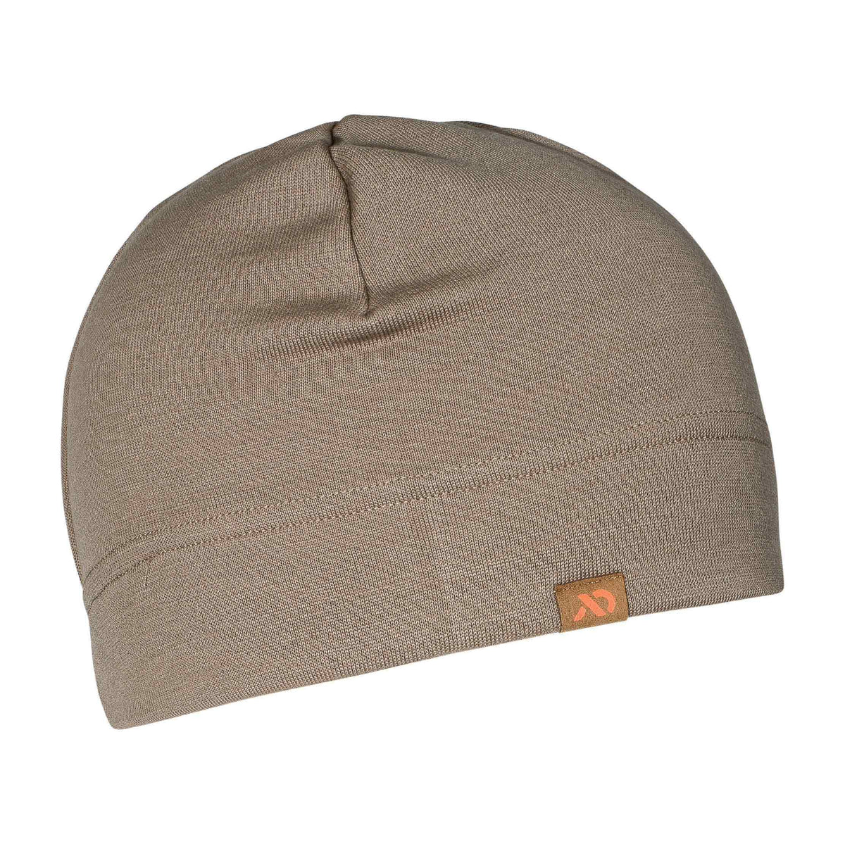 Beige knit beanie with a small tan tag featuring an orange logo on the front.