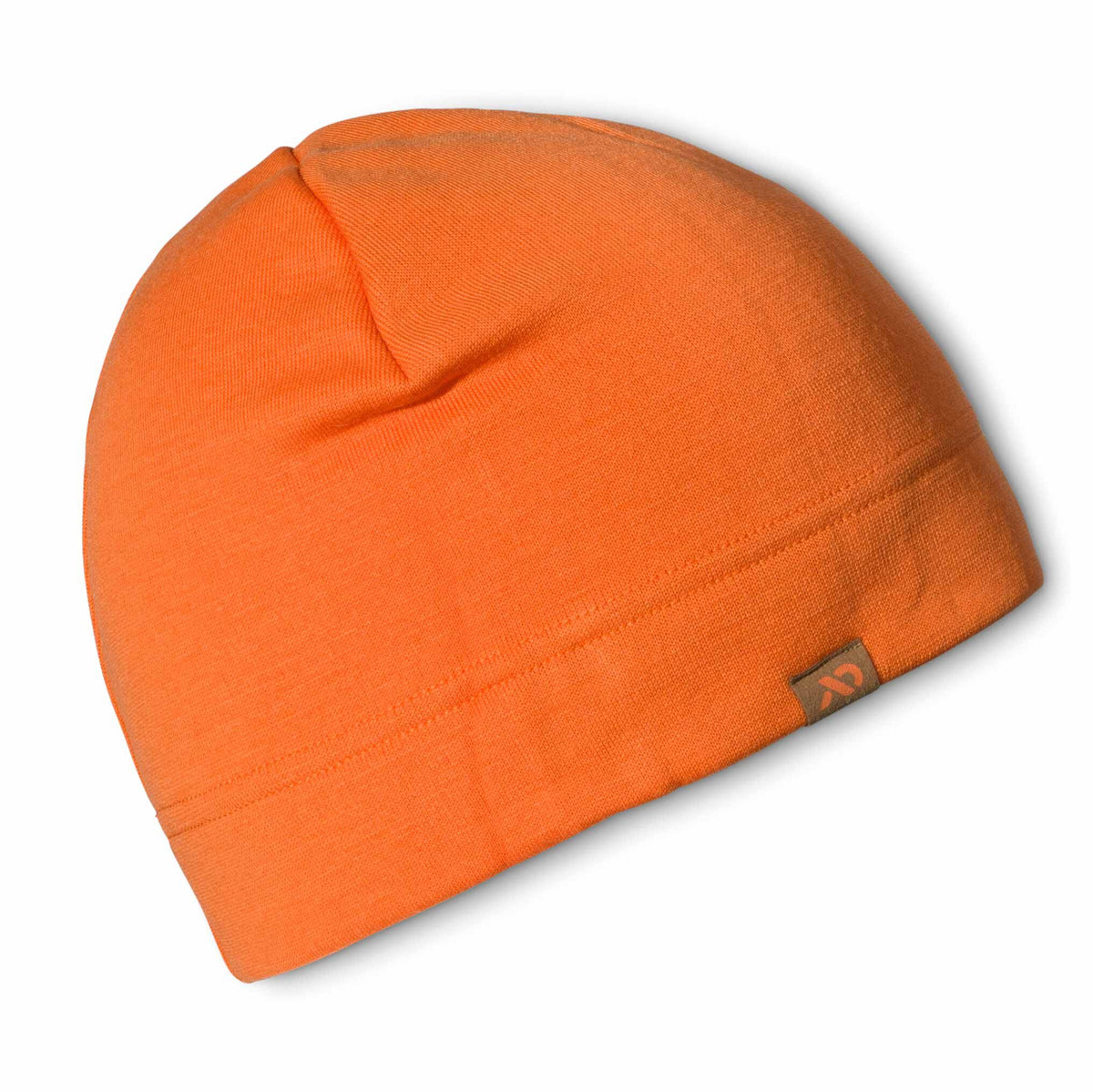 Orange knit beanie with a folded brim and a small brown label featuring a light orange stylized '2' logo.