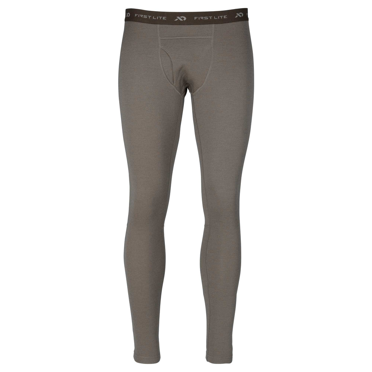 Tan men's thermal base layer leggings with a First Lite logo waistband and a front fly opening.