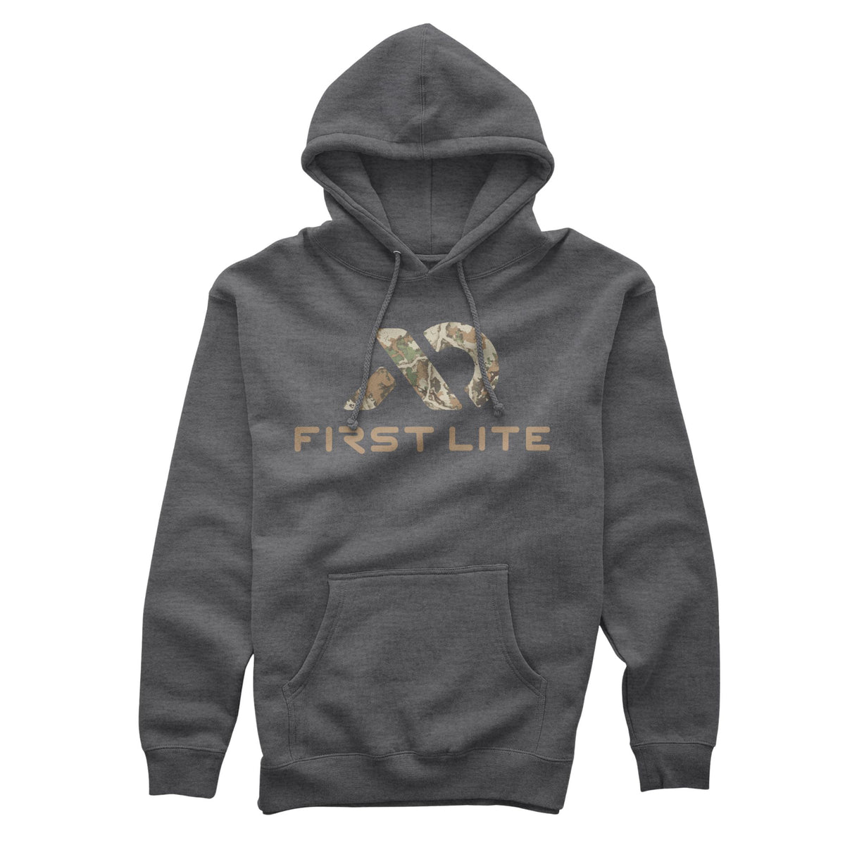 Dark gray hoodie with drawstrings and a kangaroo pocket, featuring a camouflage abstract logo above "FIRST LITE" text on the chest.