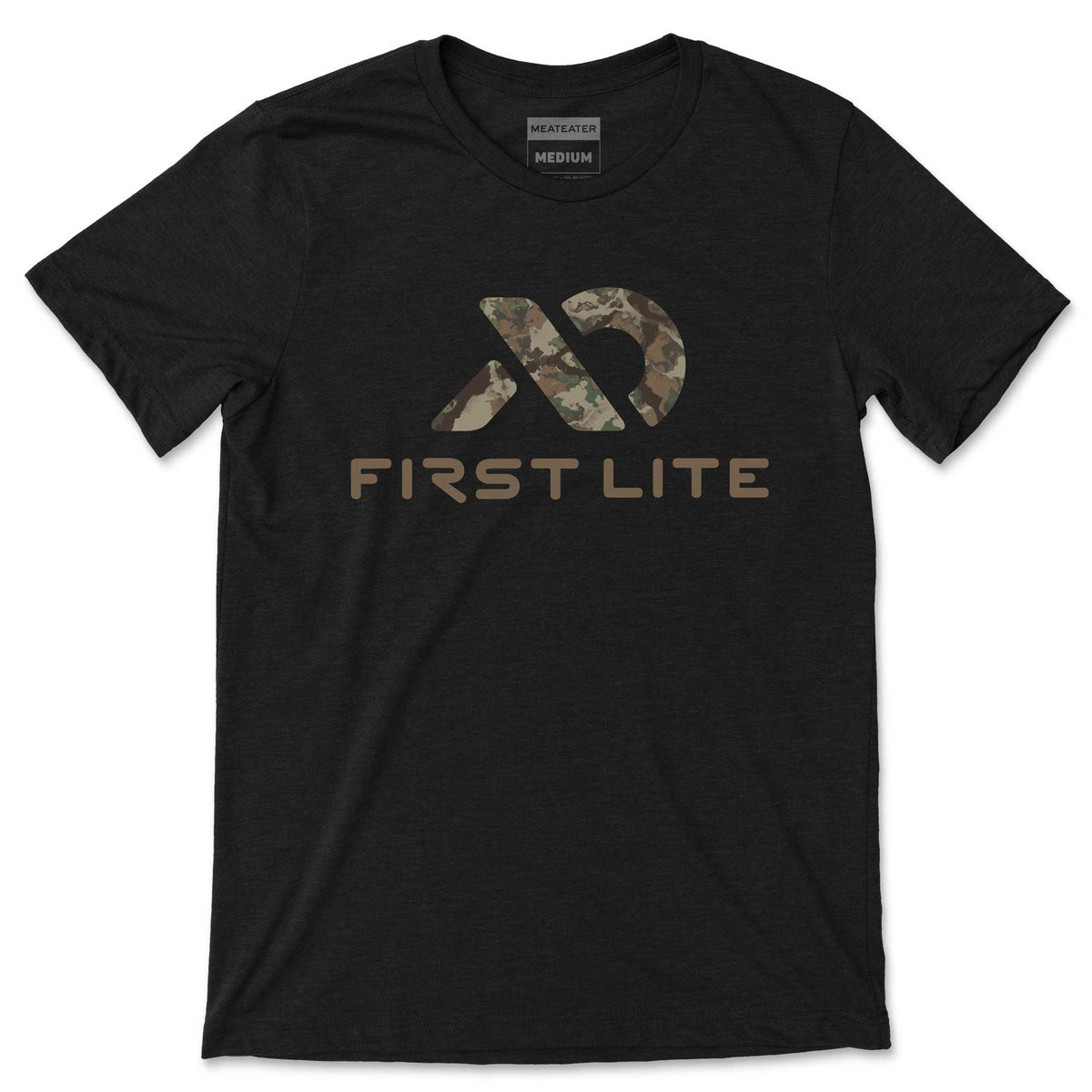 Black heather t-shirt featuring a stylized camouflage logo above "FIRST LITE" text on the front, with a "MEATEATER MEDIUM" neck tag.