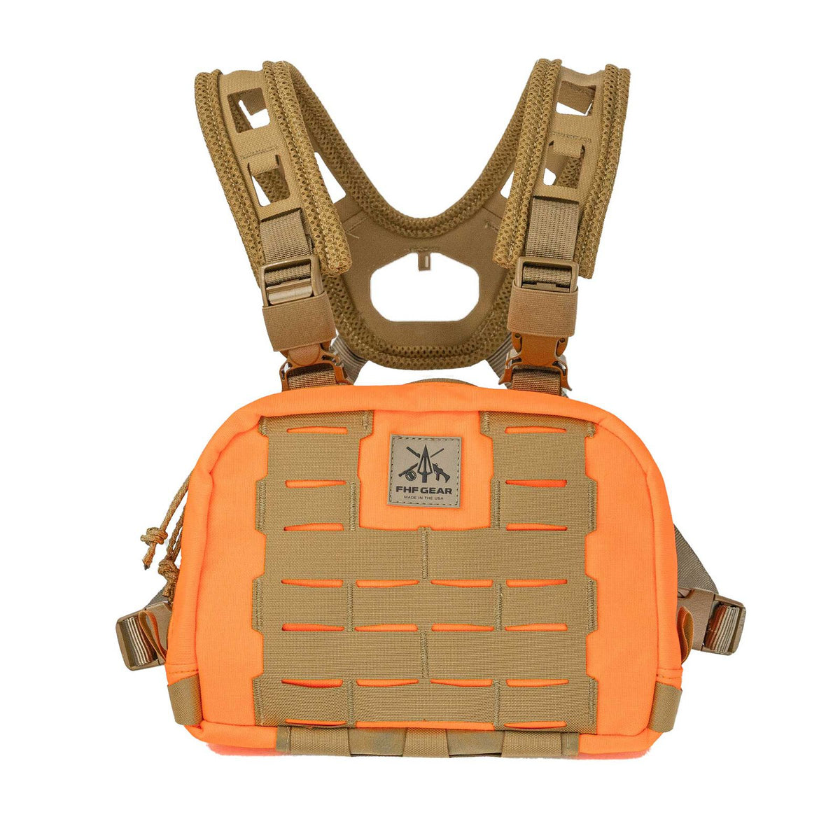 Orange and tan chest pack with front MOLLE webbing, an FHF Gear logo, and mesh shoulder straps.