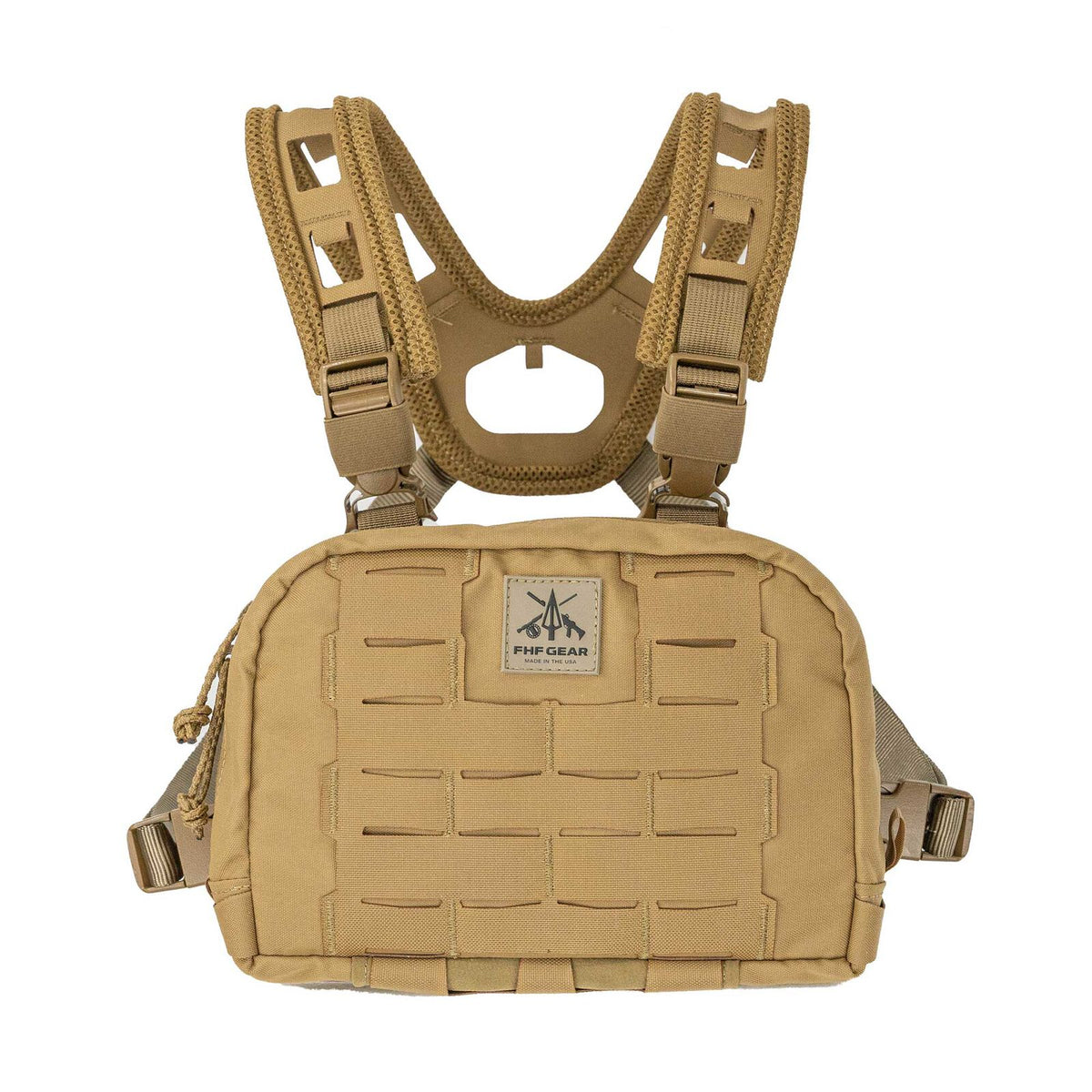 Tan FHF Gear binocular chest pack featuring padded, perforated shoulder straps, a front pouch with PALS webbing, and the FHF GEAR logo.