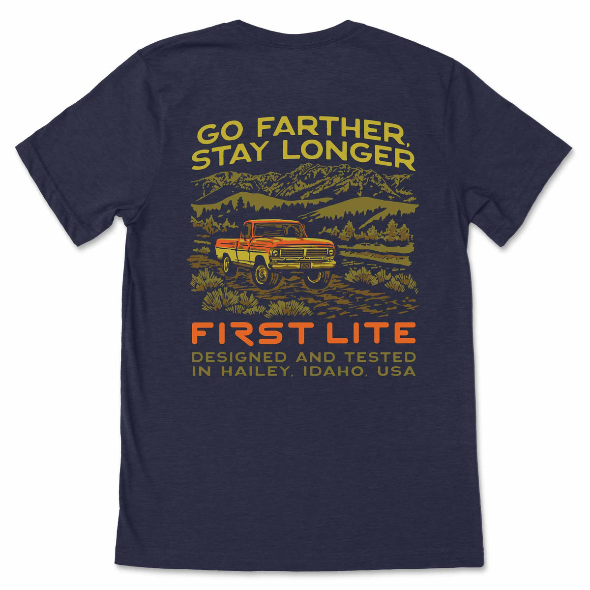 Navy blue t-shirt with outdoor graphic and text on a white background