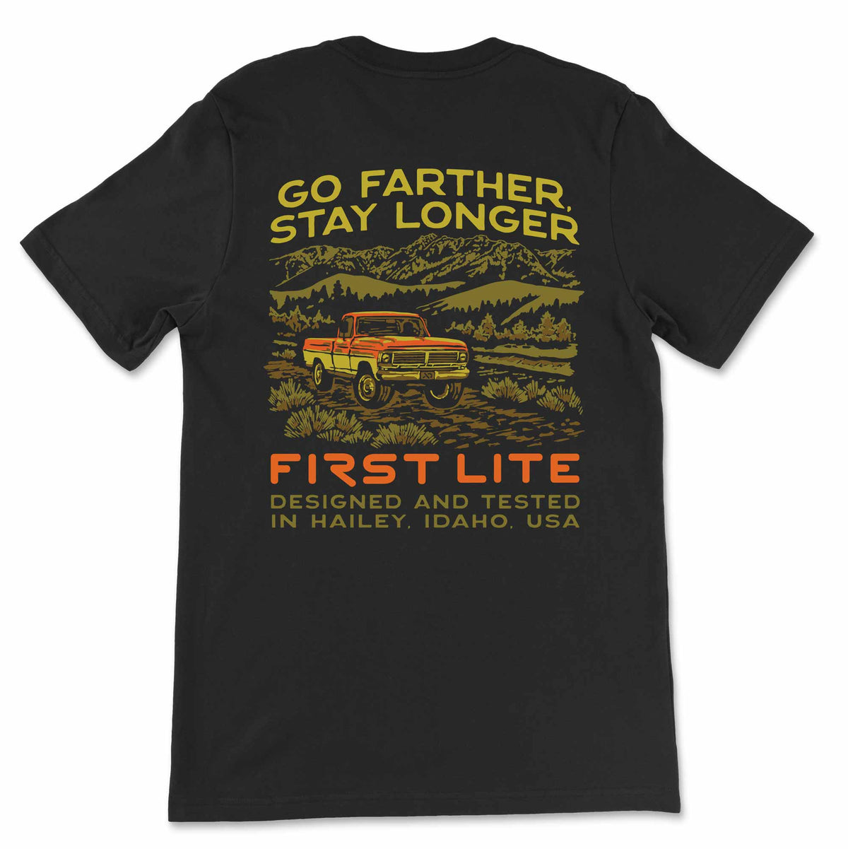 Black t-shirt with graphic design and text on a white background