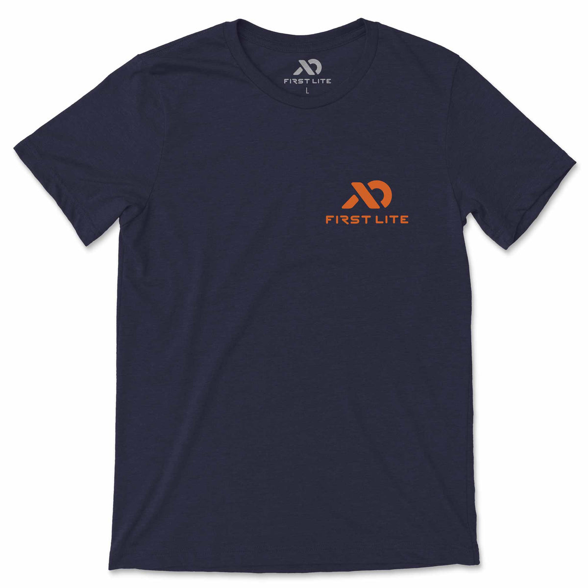Navy blue t-shirt with orange logo and text on a white background