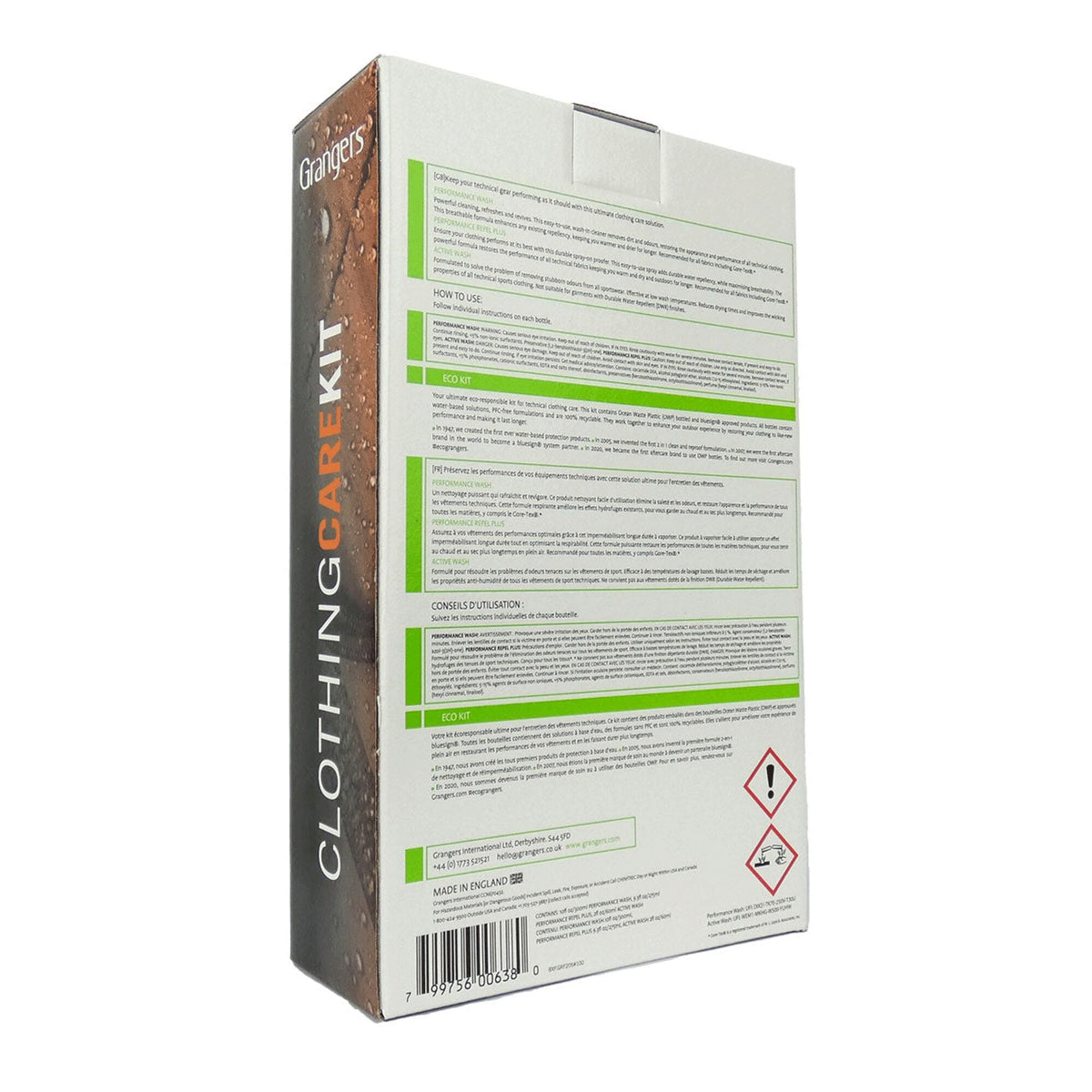 A brown and white Grangers Clothing Care Kit box with green accent stripes, detailed product descriptions, and a barcode.