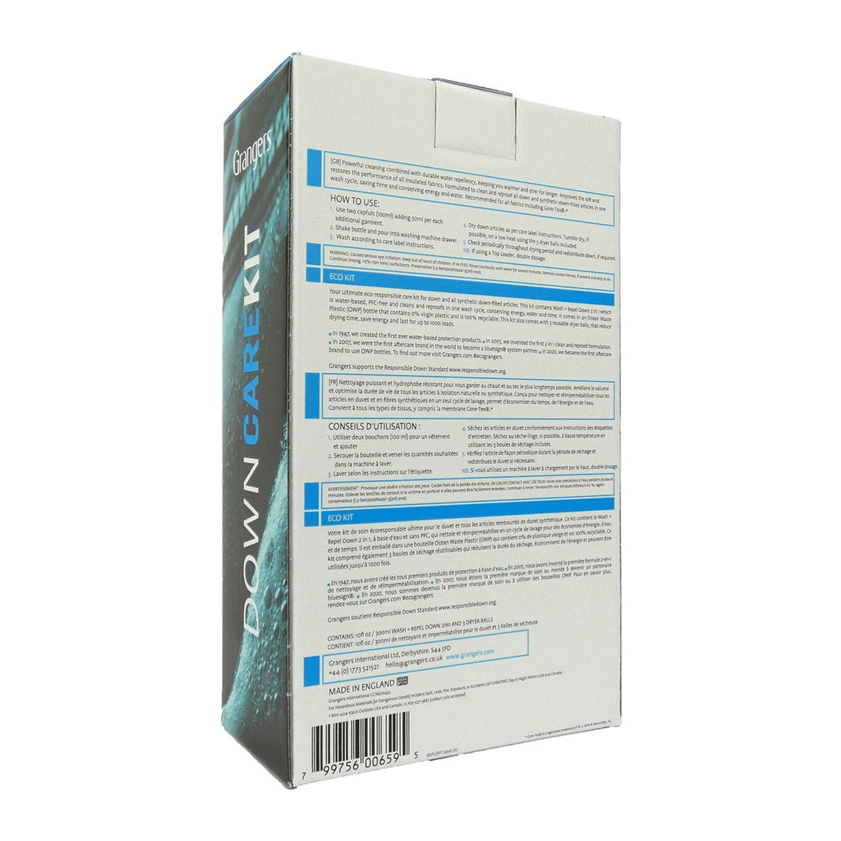 Grangers Down Care Kit in a white and dark teal box, displaying product details and a barcode.
