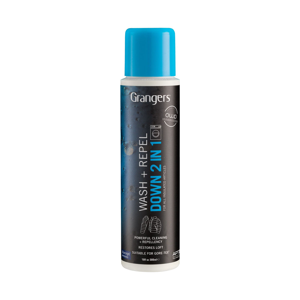 Grangers Down 2 in 1 Wash + Repel bottle, 10fl oz, with a black body, bright blue cap, and white text featuring washing machine, sleeping bag, and jacket icons.