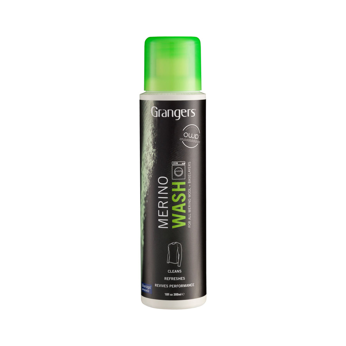 Black Grangers Merino Wash bottle with a bright green cap, labeled for merino wool and baselayers, 300ml.