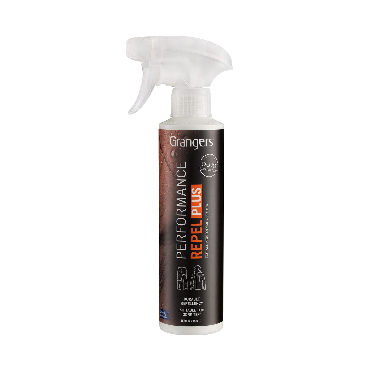 White Grangers Performance Repel Plus spray bottle with a clear trigger top, black label, orange text, and clothing icons.