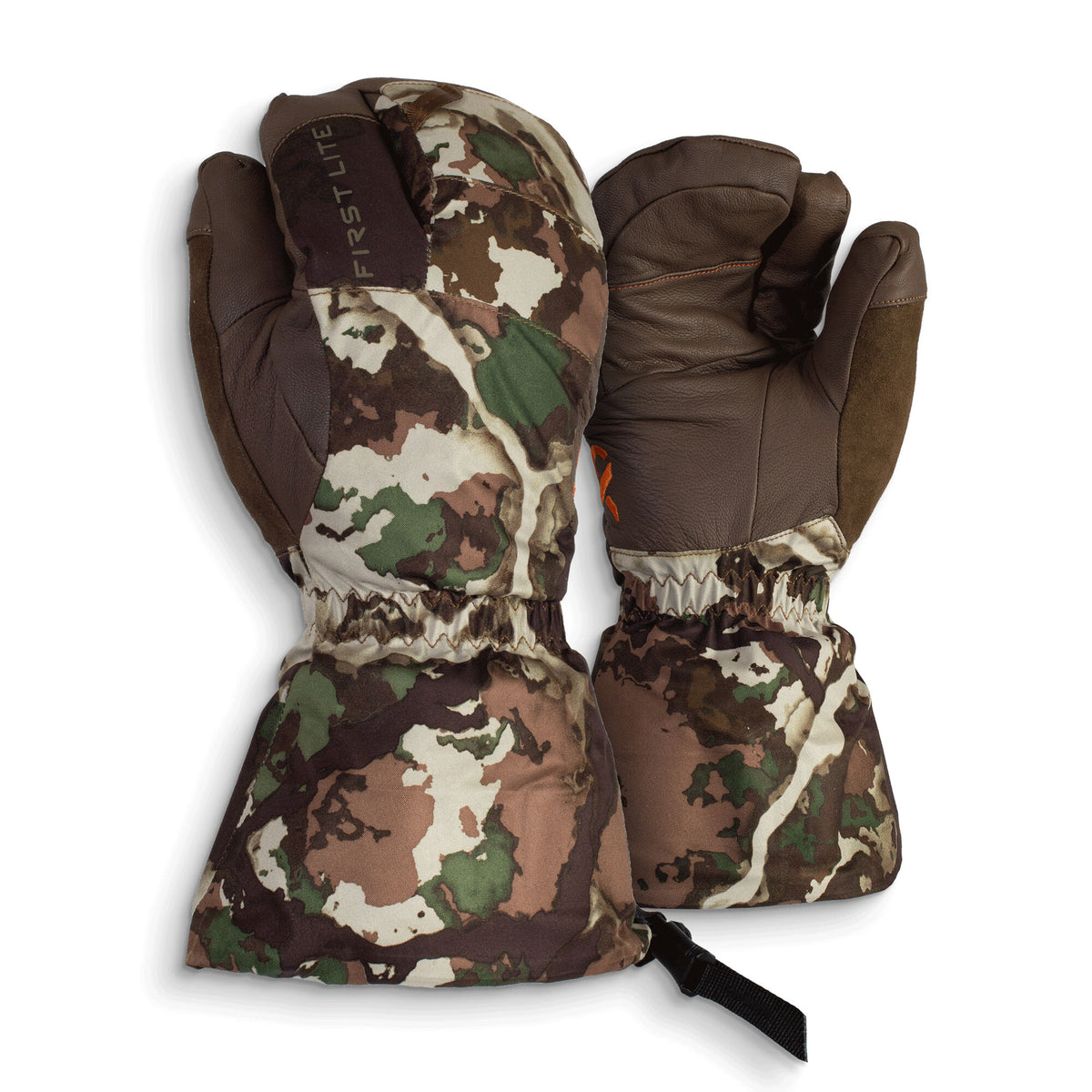 Pair of First Lite hunting mittens with brown leather palms and a green, brown, and tan camouflage pattern on the backs and gauntlets.