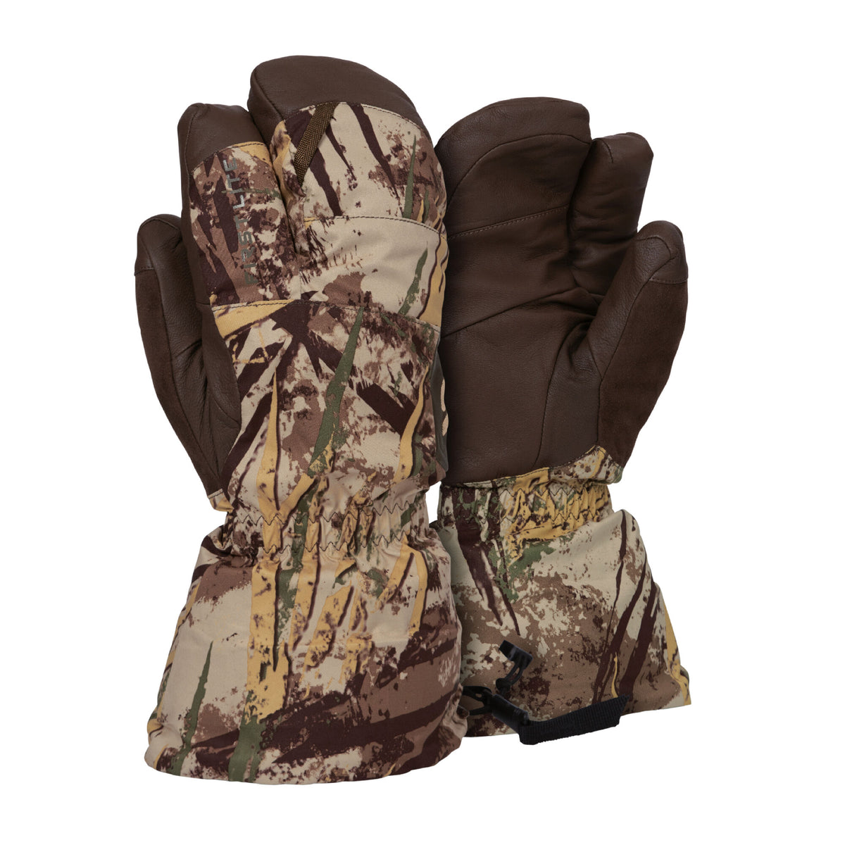 A pair of brown leather mittens with tan, brown, and green camouflage fabric backs and adjustable gauntlet cuffs.