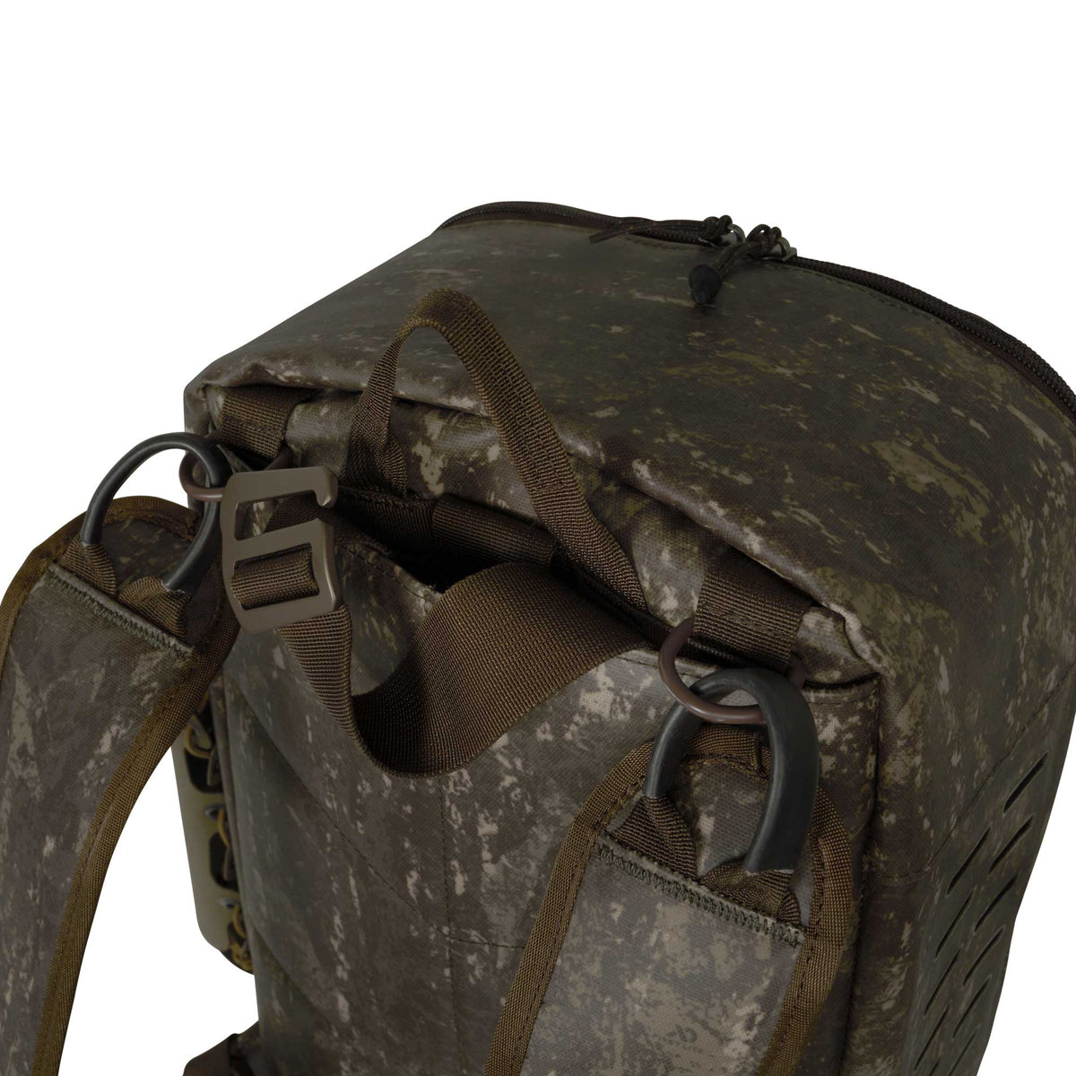 A dark digital camouflage backpack featuring shoulder straps with D-rings and a tan buckle, a zippered top, and laser-cut side vents.