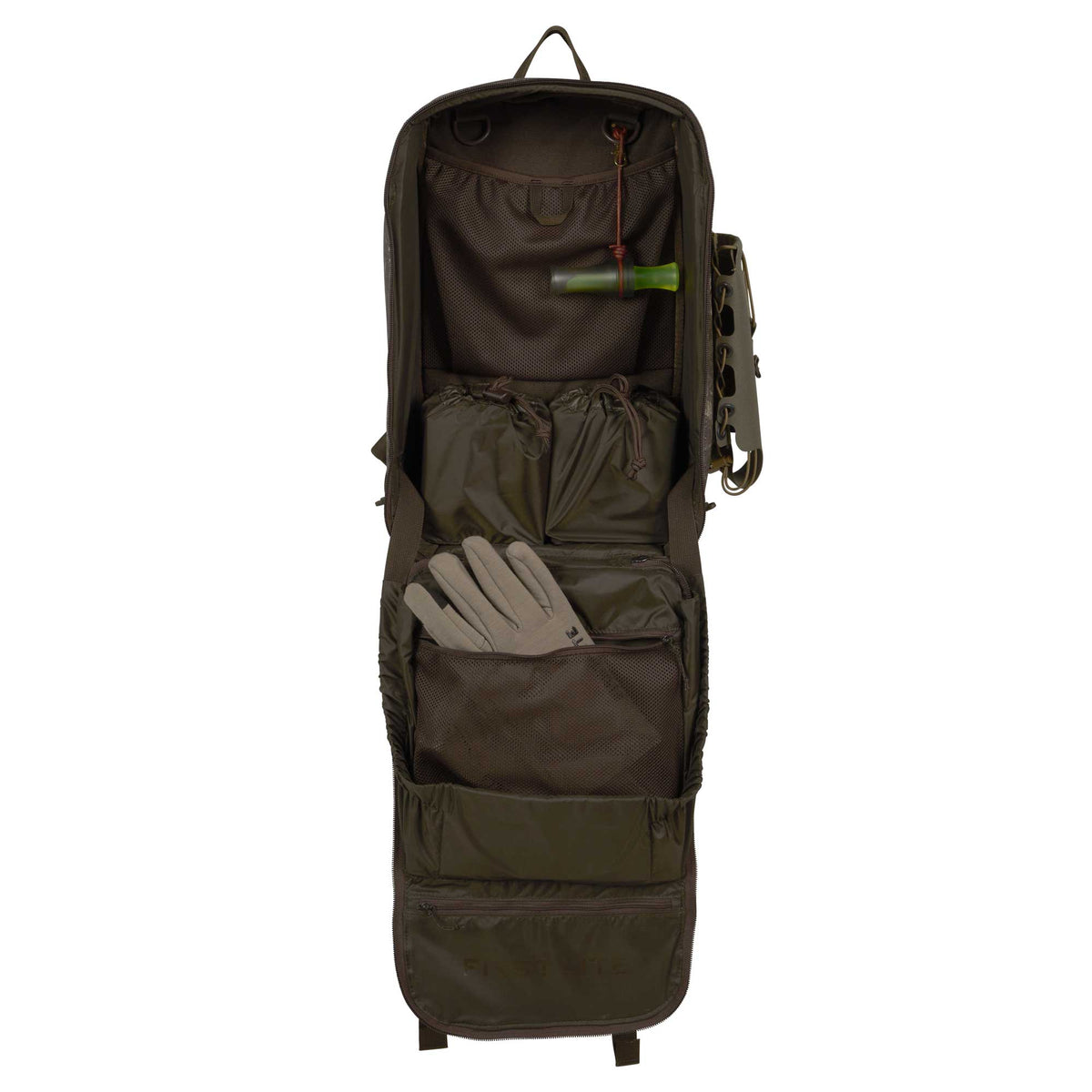 Dark olive green organizer bag, open to reveal multiple mesh and drawstring pockets, a tan glove, and a green duck call hanging inside.