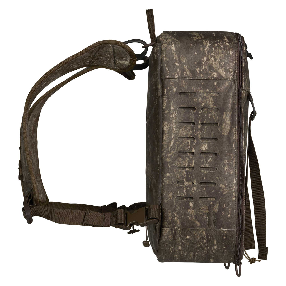 Side view of a brown and tan camouflage backpack with a rigid rectangular body featuring horizontal attachment slots.